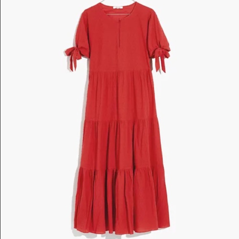 Madewell Red Tiered Midi Dress with Tie Sleeves - Picture 4 of 11